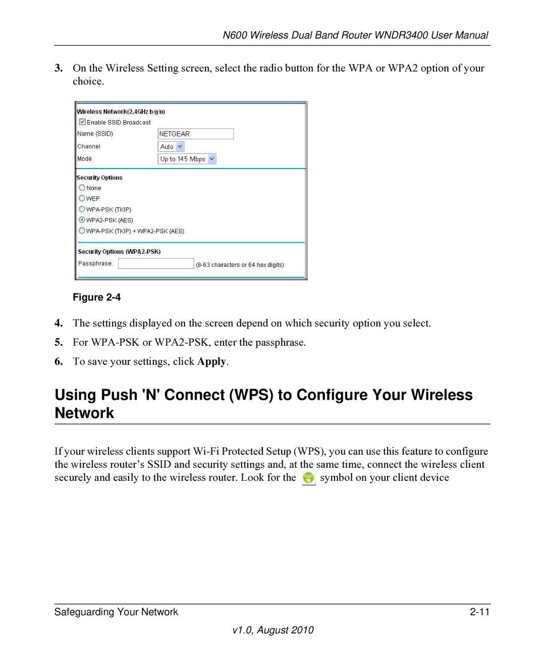 NETGEAR WNDR3400 user manual Using Push N Connect WPS to Configure Your Wireless Network 