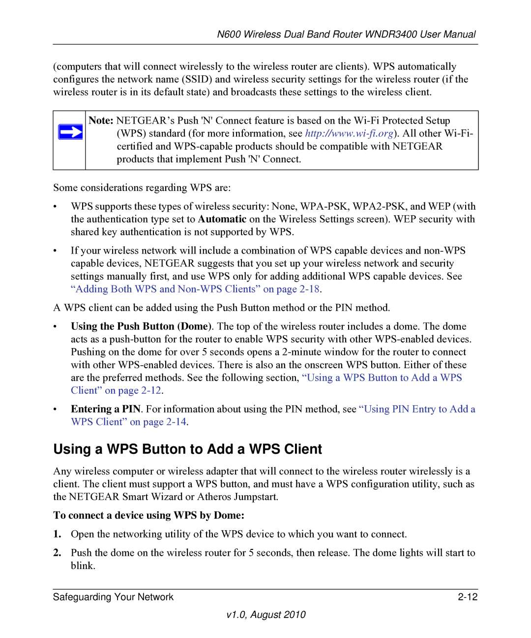 NETGEAR WNDR3400 user manual Using a WPS Button to Add a WPS Client, To connect a device using WPS by Dome 