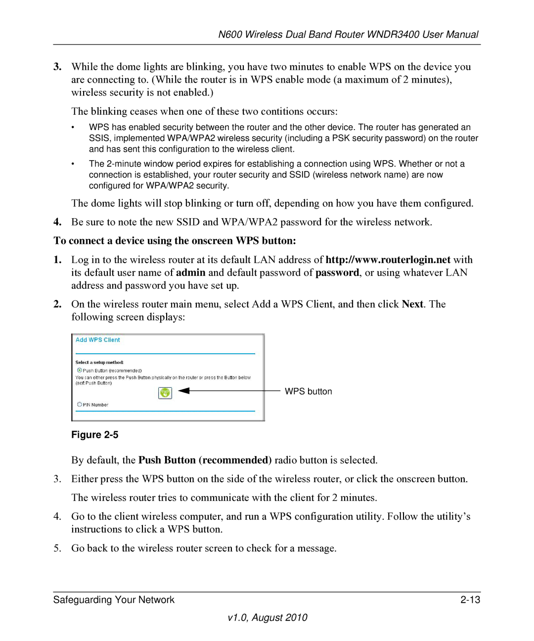 NETGEAR WNDR3400 user manual To connect a device using the onscreen WPS button 