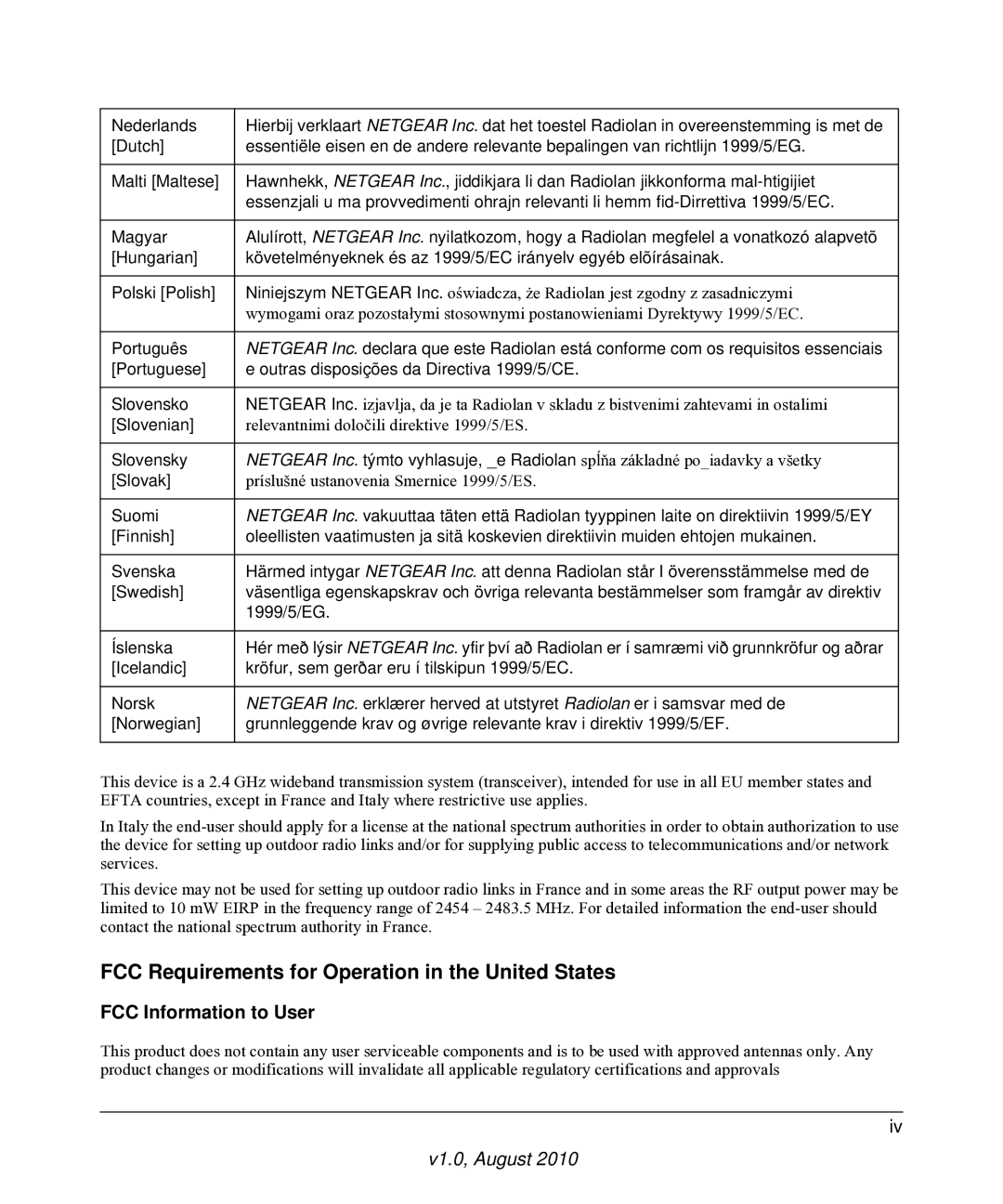 NETGEAR WNDR3400 user manual FCC Requirements for Operation in the United States, FCC Information to User 