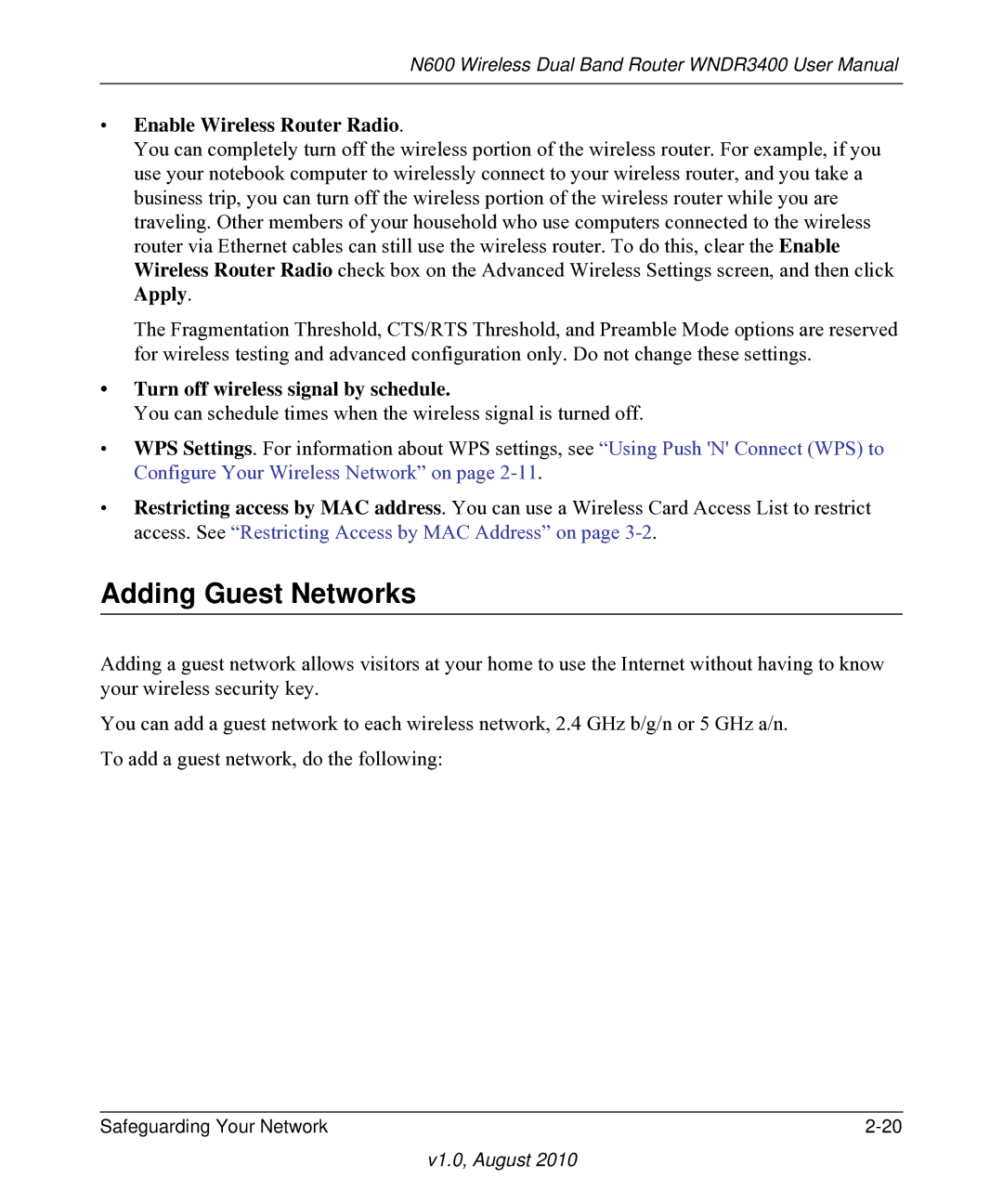 NETGEAR WNDR3400 user manual Adding Guest Networks, Enable Wireless Router Radio, Turn off wireless signal by schedule 