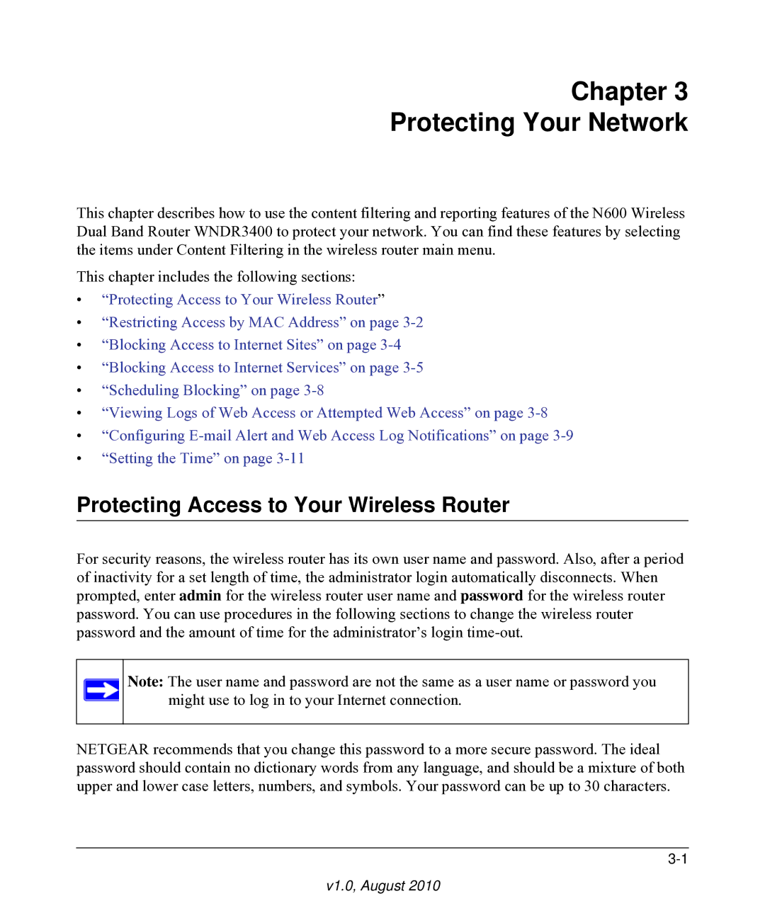 NETGEAR WNDR3400 user manual Chapter Protecting Your Network, Protecting Access to Your Wireless Router 