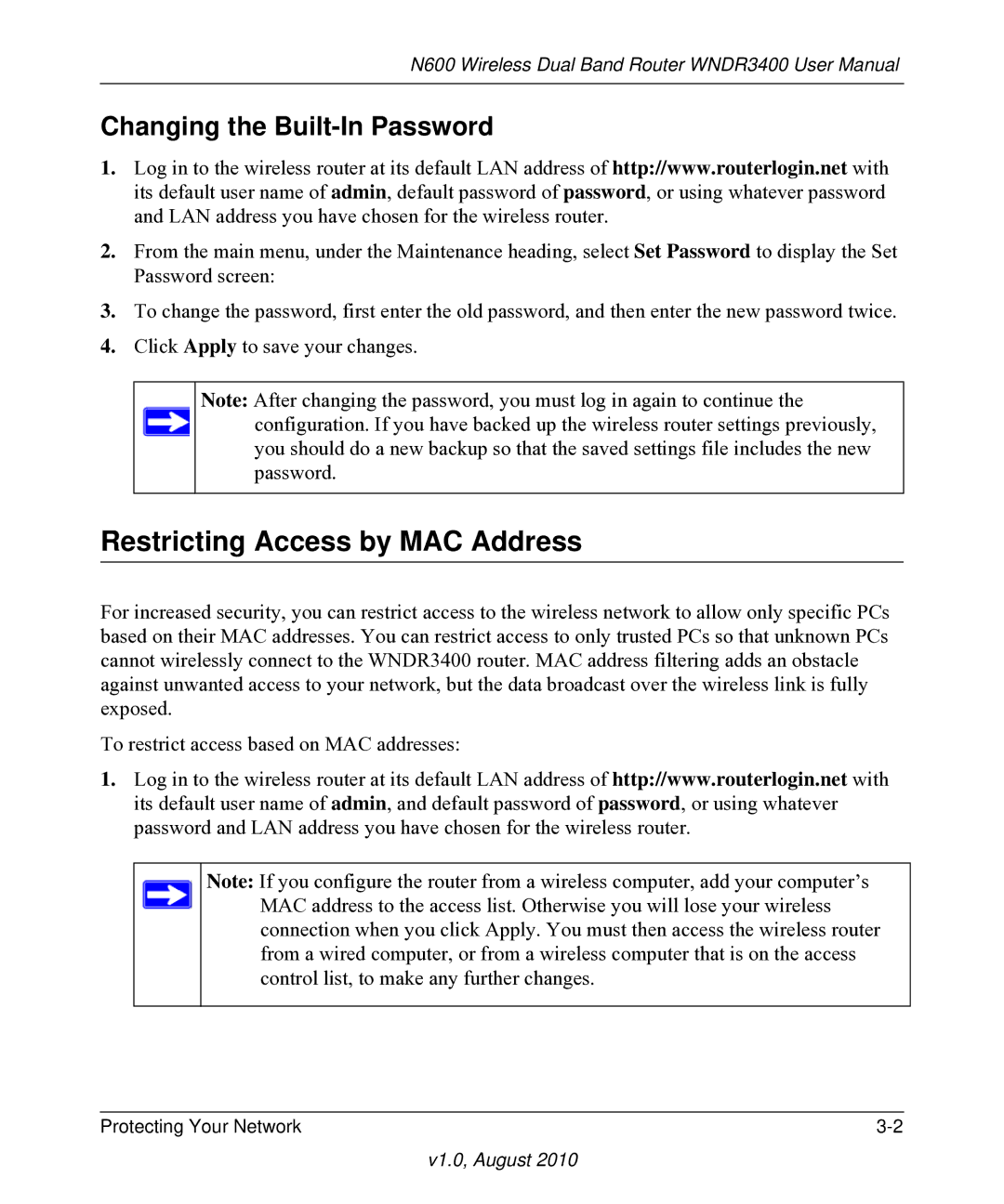 NETGEAR WNDR3400 user manual Restricting Access by MAC Address, Changing the Built-In Password 