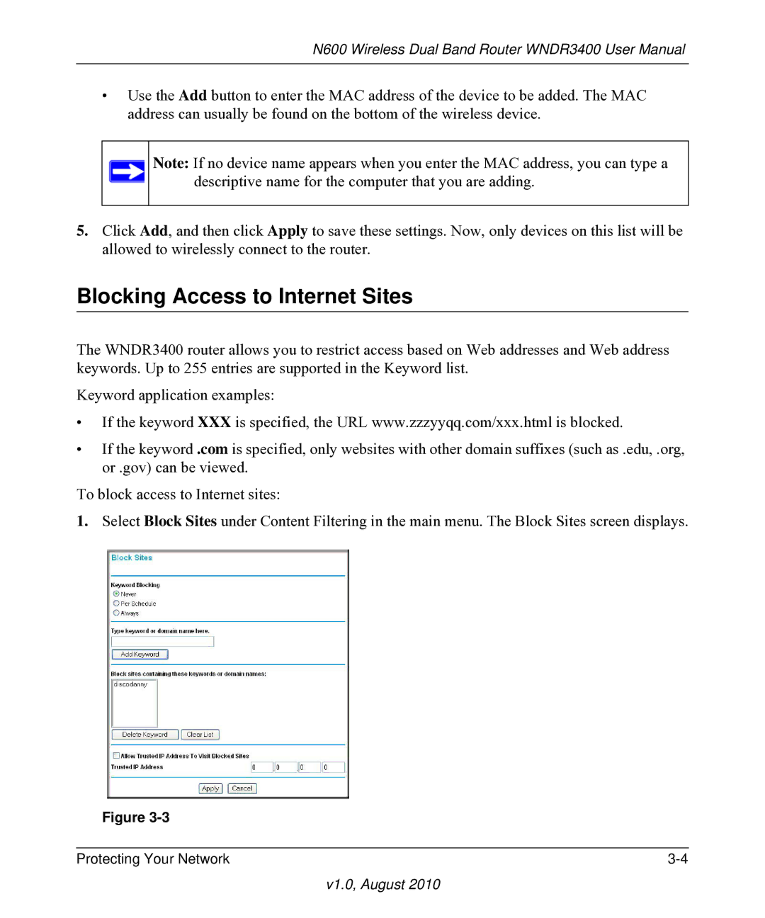 NETGEAR WNDR3400 user manual Blocking Access to Internet Sites 