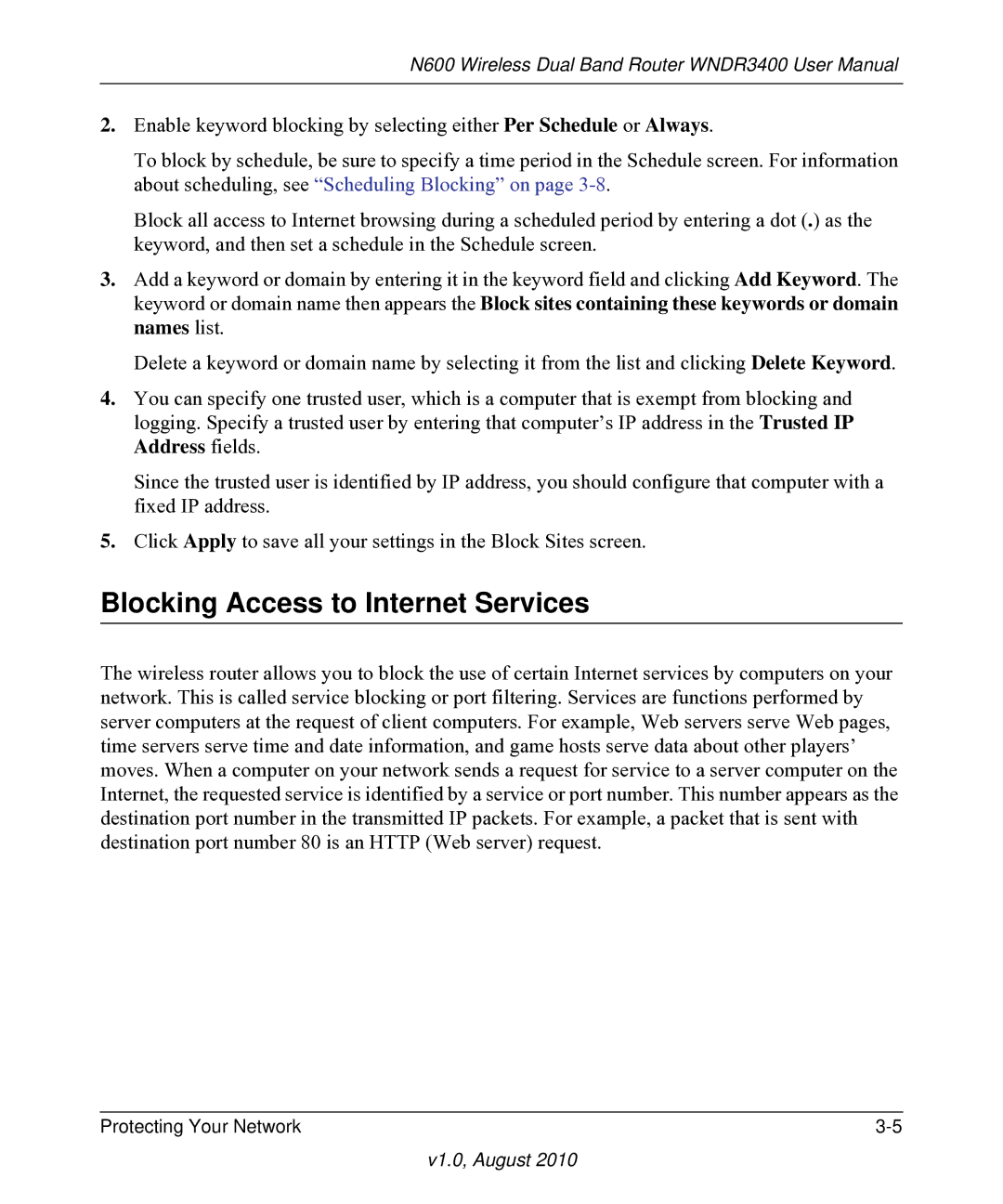 NETGEAR WNDR3400 user manual Blocking Access to Internet Services 