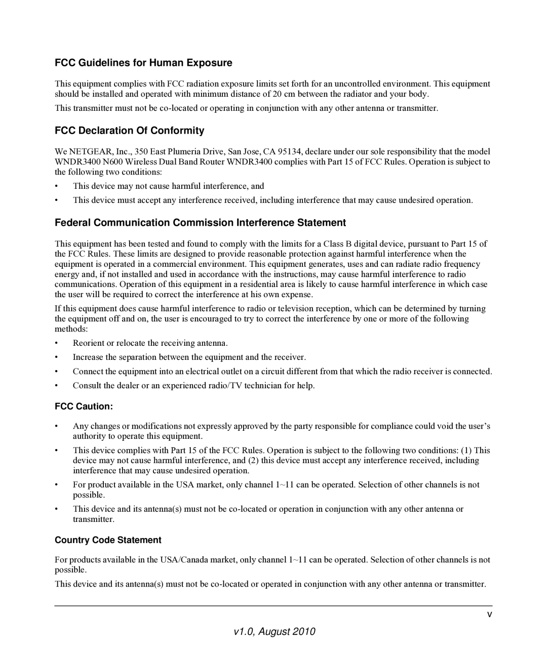 NETGEAR WNDR3400 FCC Guidelines for Human Exposure, FCC Declaration Of Conformity, FCC Caution, Country Code Statement 