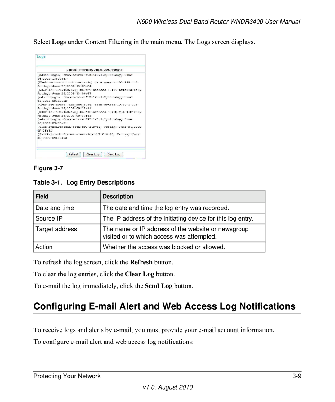 NETGEAR WNDR3400 Configuring E-mail Alert and Web Access Log Notifications, Log Entry Descriptions, Field Description 