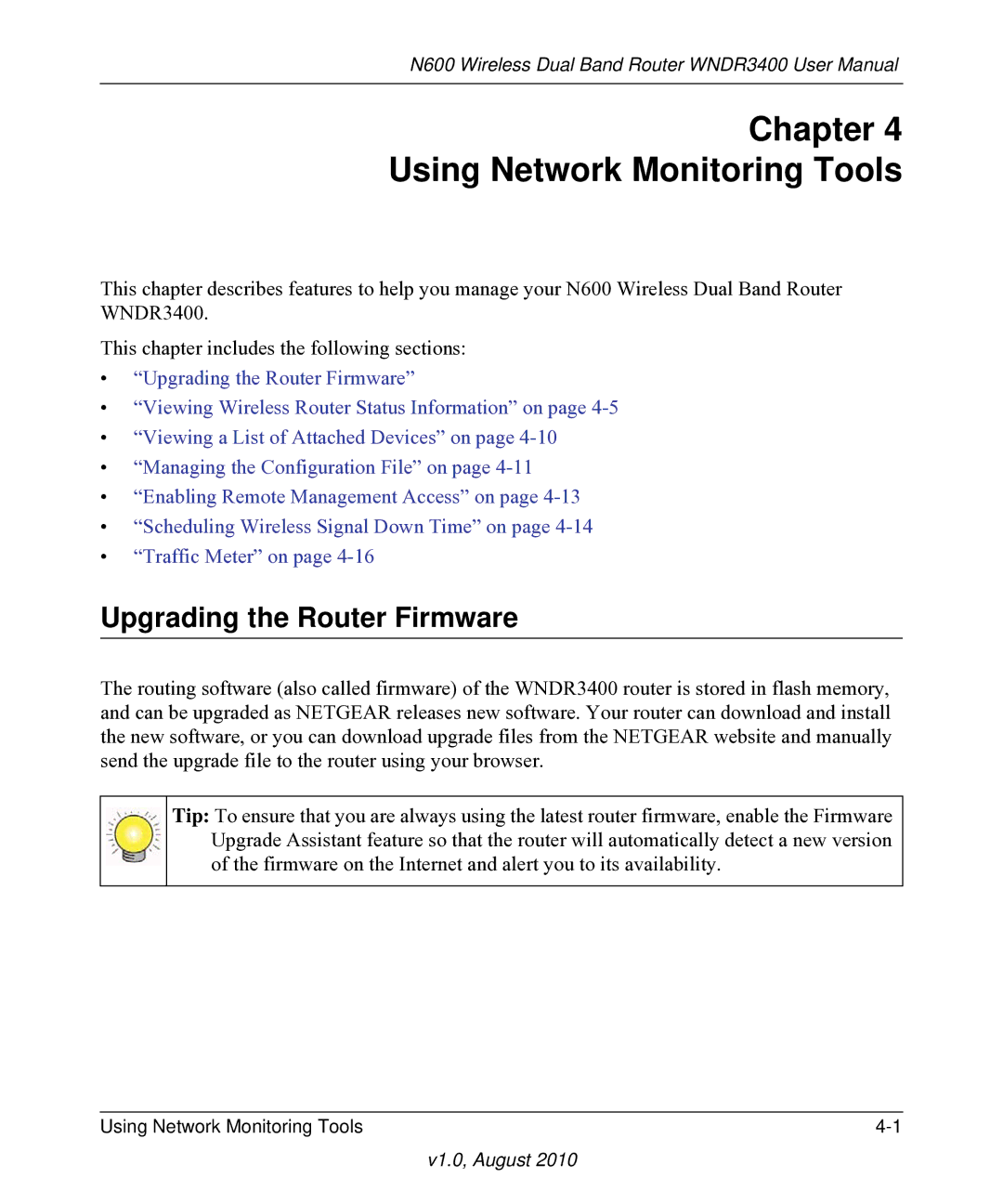 NETGEAR WNDR3400 user manual Chapter Using Network Monitoring Tools, Upgrading the Router Firmware 