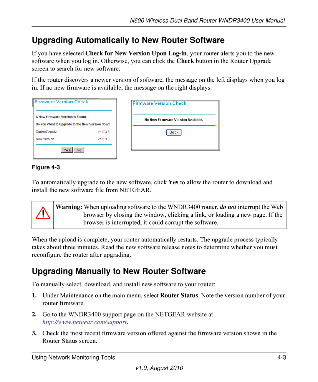 NETGEAR WNDR3400 user manual Upgrading Automatically to New Router Software, Upgrading Manually to New Router Software 