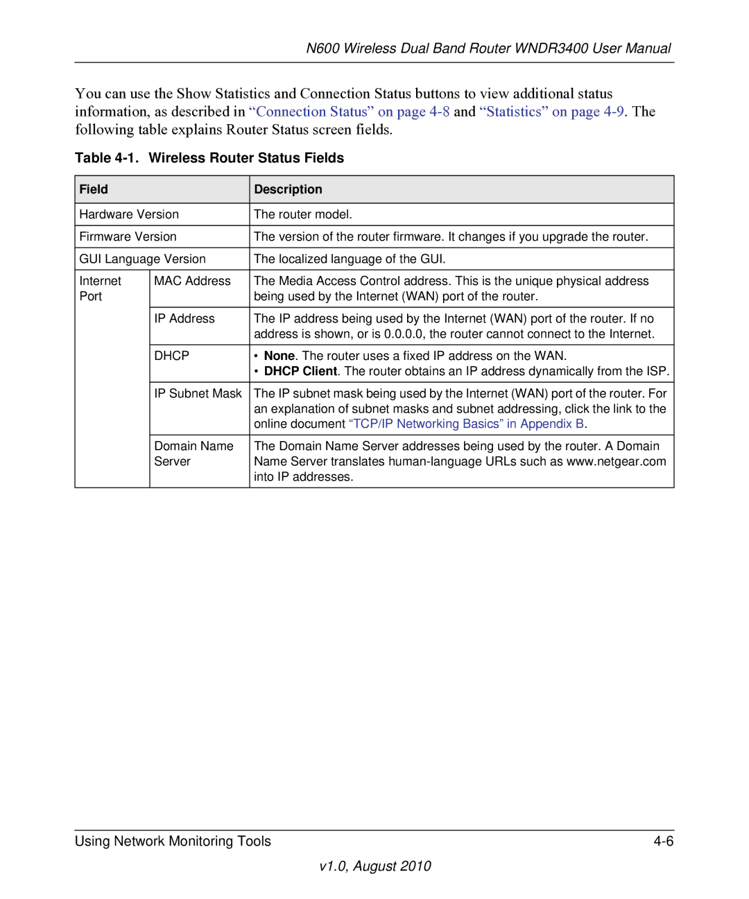 NETGEAR WNDR3400 user manual Wireless Router Status Fields, Dhcp 