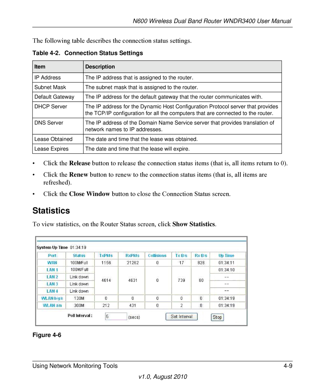 NETGEAR WNDR3400 user manual Statistics, Connection Status Settings 