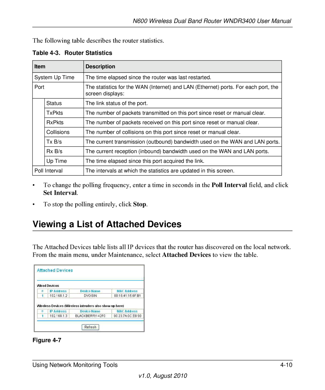 NETGEAR WNDR3400 user manual Viewing a List of Attached Devices, Router Statistics 