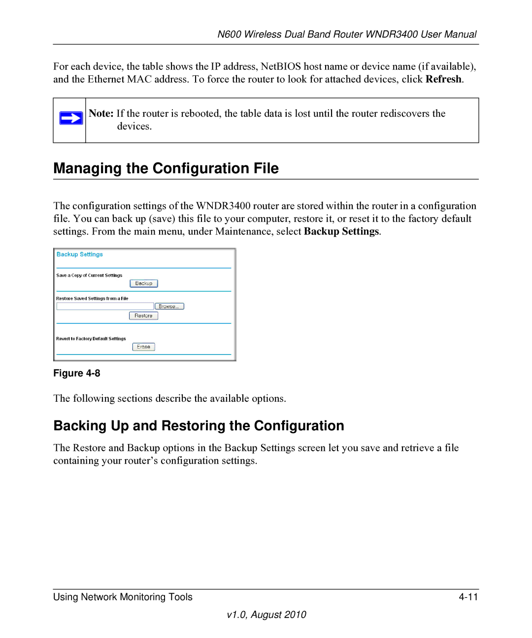 NETGEAR WNDR3400 user manual Managing the Configuration File, Backing Up and Restoring the Configuration 