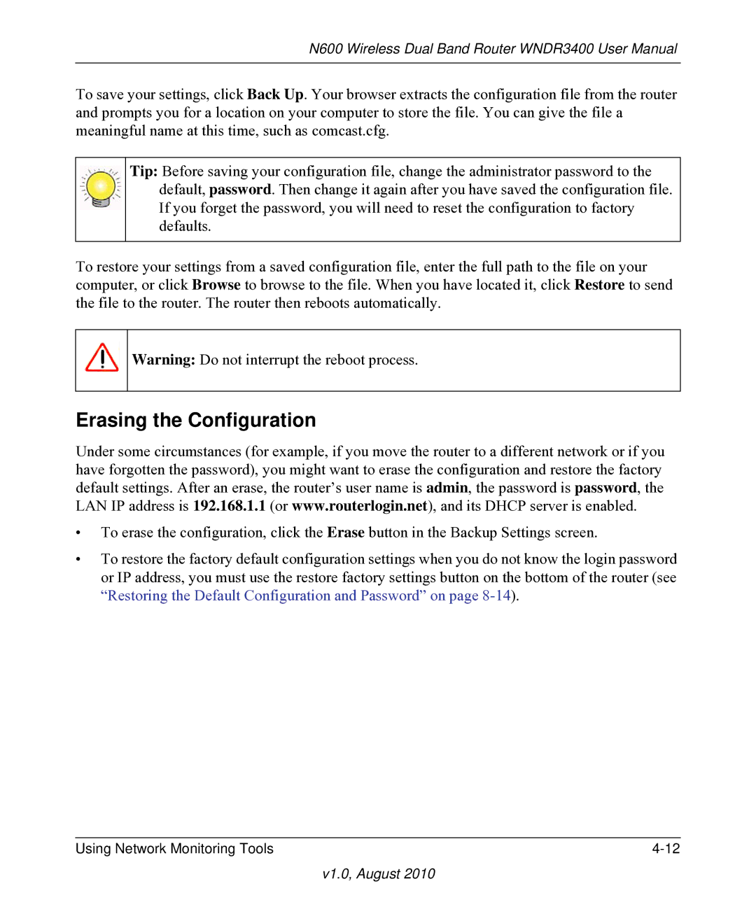 NETGEAR WNDR3400 user manual Erasing the Configuration 