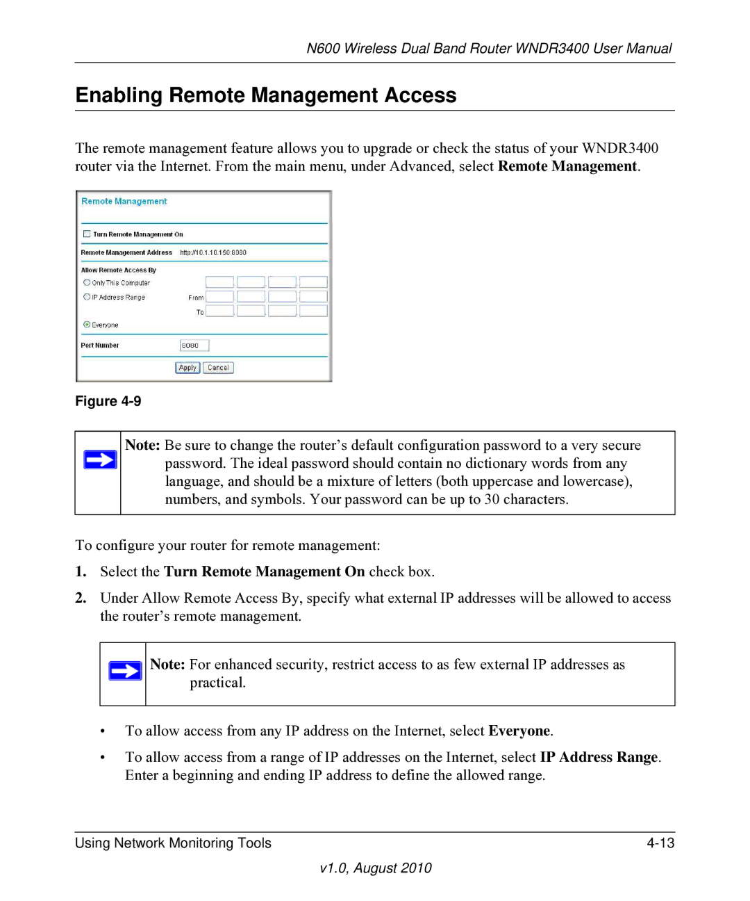 NETGEAR WNDR3400 user manual Enabling Remote Management Access, Select the Turn Remote Management On check box 