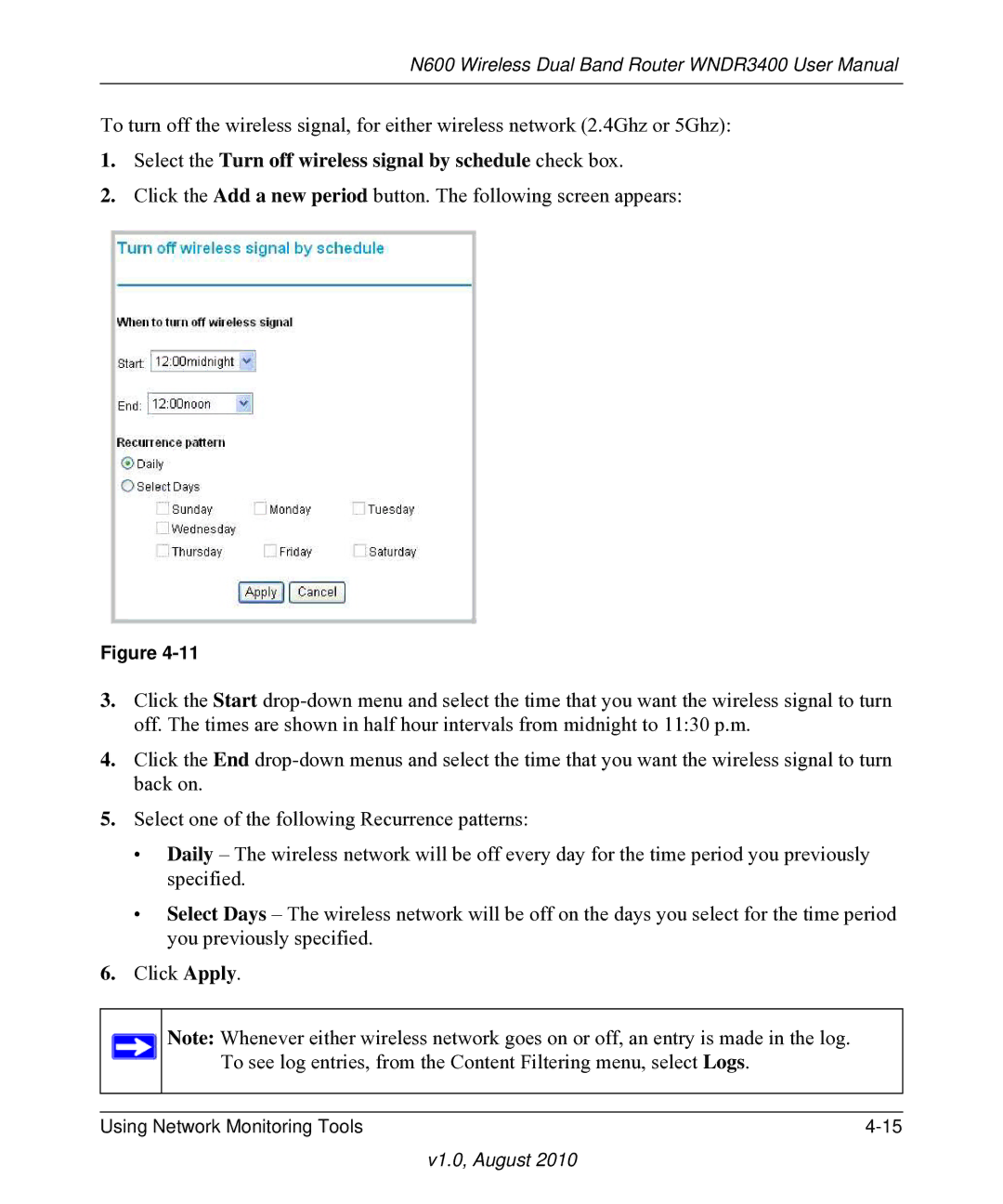 NETGEAR WNDR3400 user manual Select the Turn off wireless signal by schedule check box 