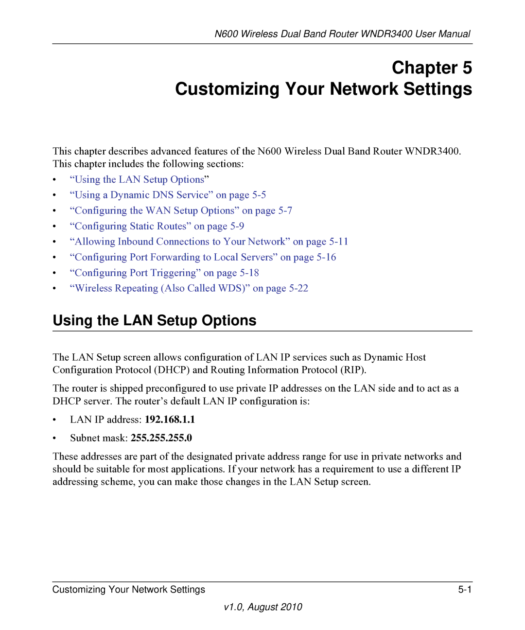 NETGEAR WNDR3400 user manual Chapter Customizing Your Network Settings, Using the LAN Setup Options 