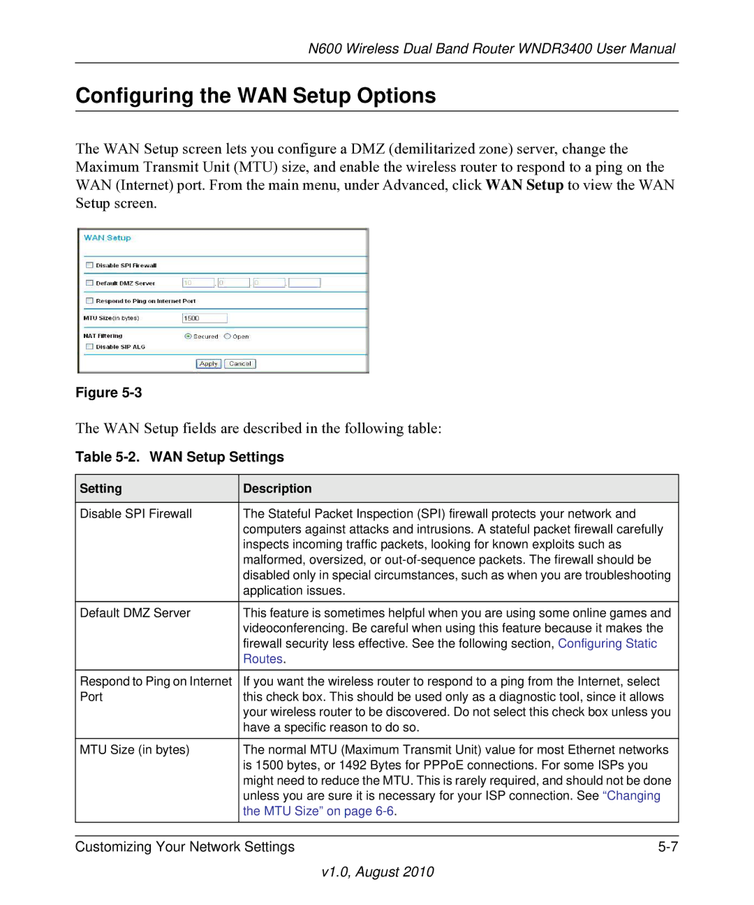 NETGEAR WNDR3400 user manual Configuring the WAN Setup Options, WAN Setup Settings, Setting Description 