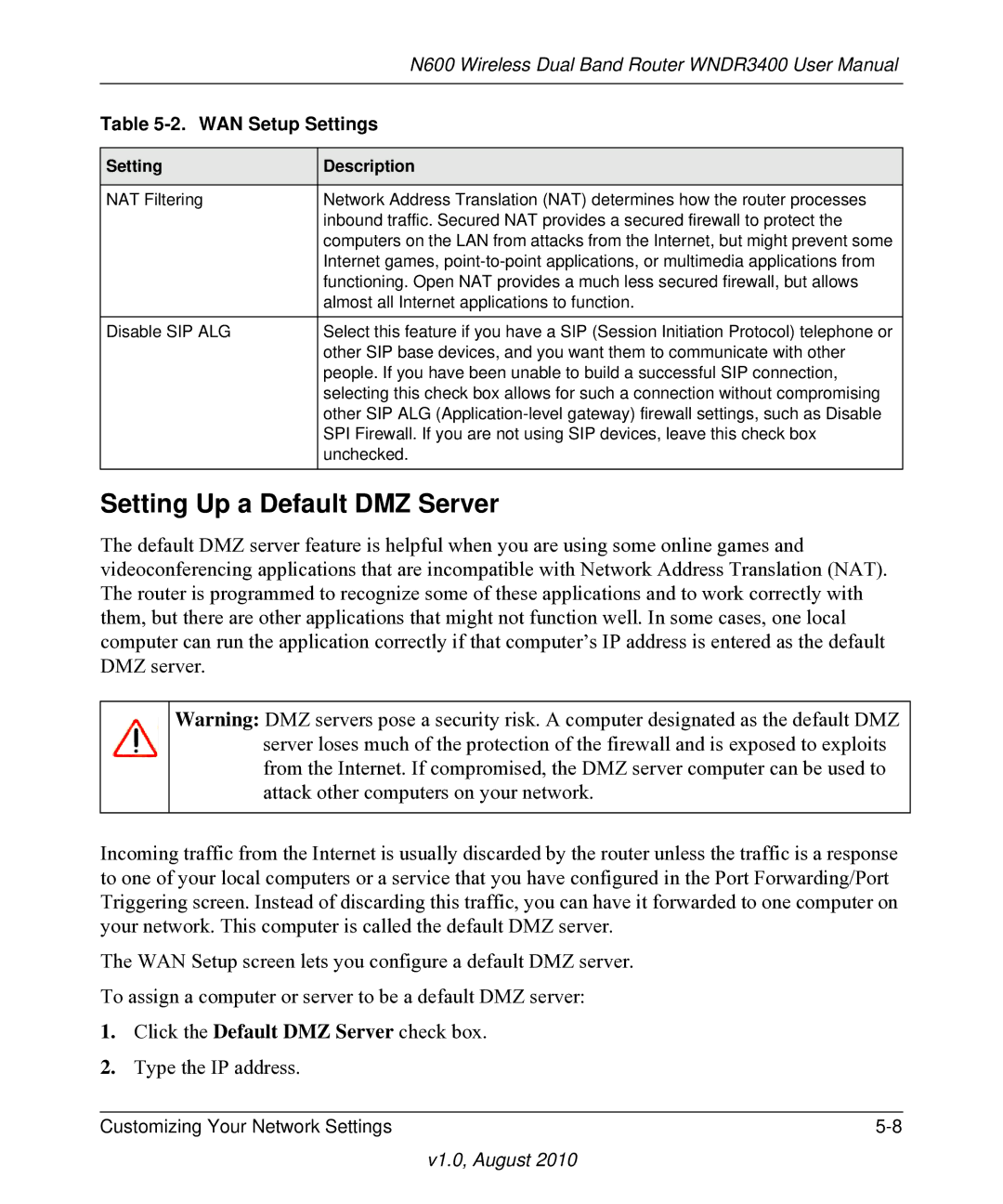 NETGEAR WNDR3400 user manual Setting Up a Default DMZ Server 