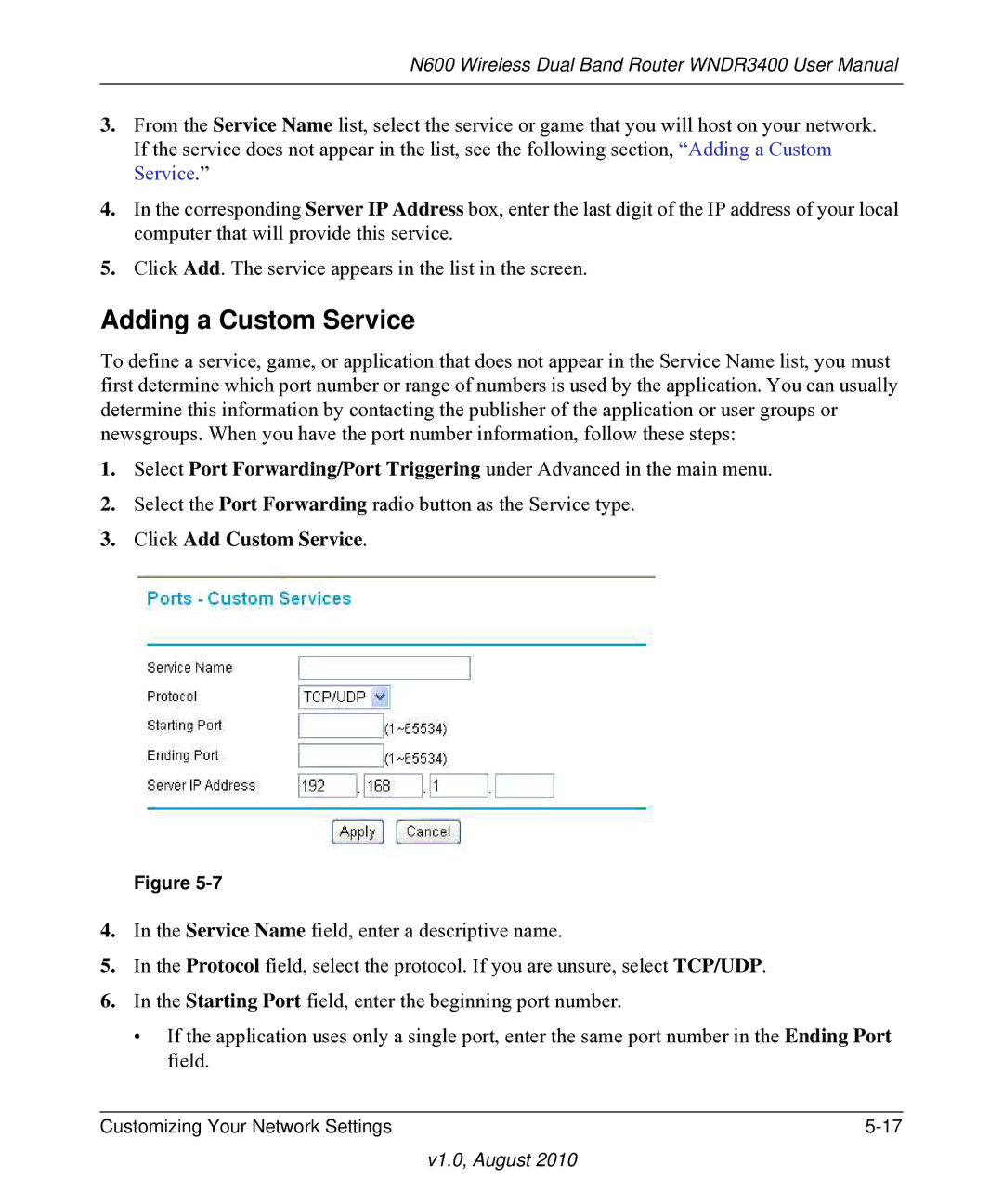 NETGEAR WNDR3400 user manual Adding a Custom Service, Click Add Custom Service 