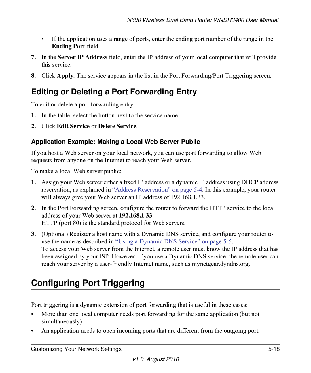 NETGEAR WNDR3400 user manual Configuring Port Triggering, Editing or Deleting a Port Forwarding Entry 