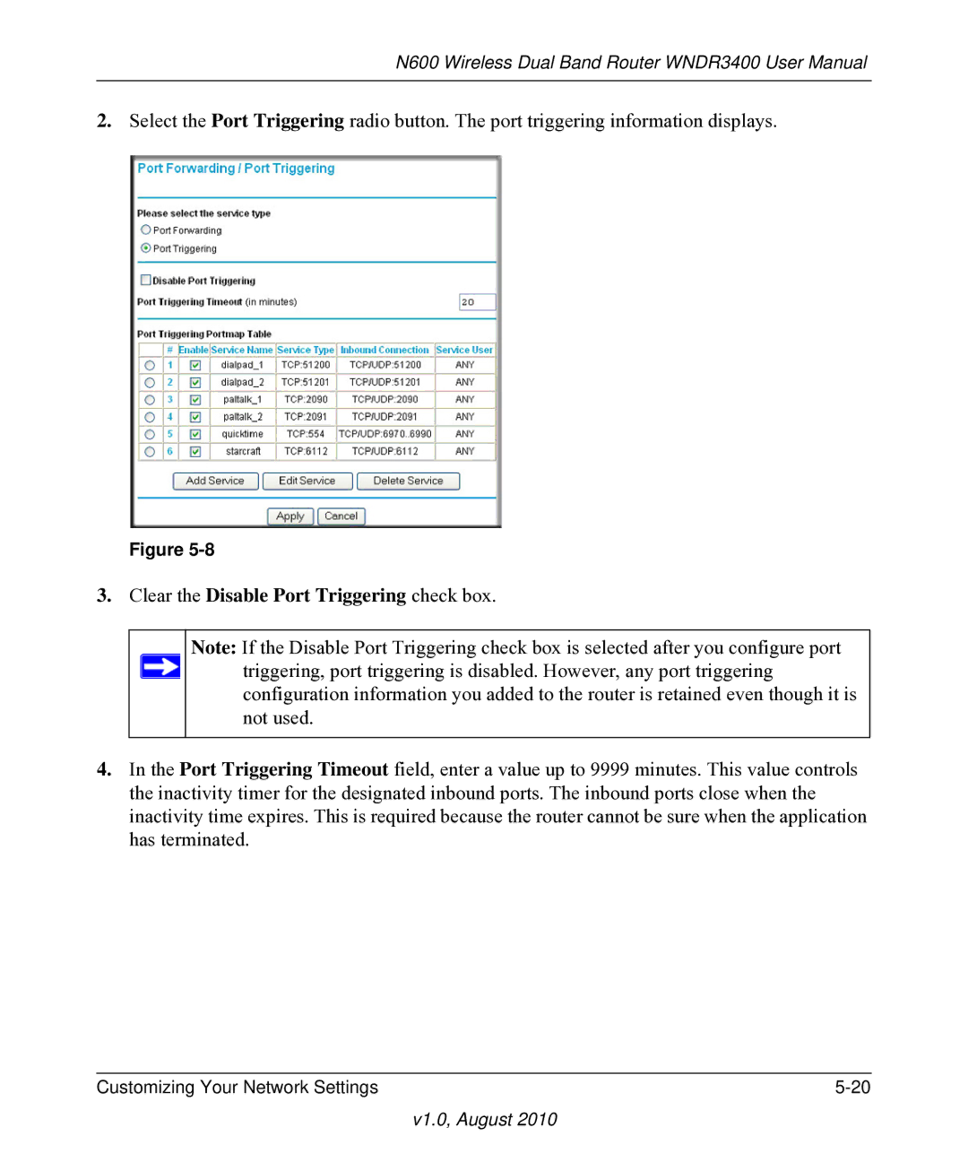 NETGEAR WNDR3400 user manual Clear the Disable Port Triggering check box 