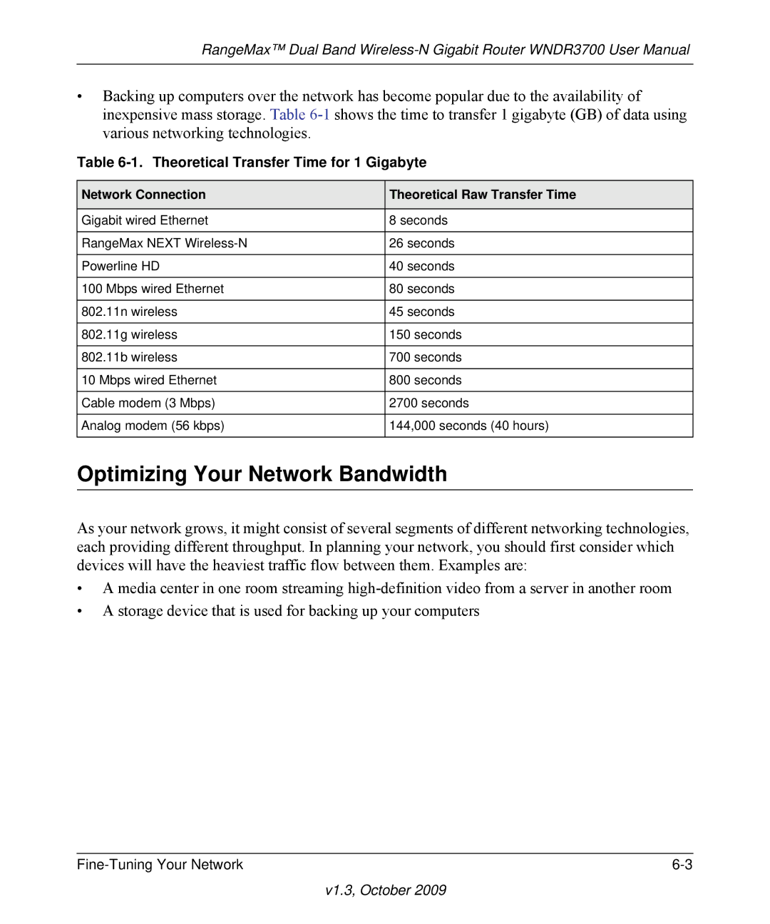 NETGEAR WNDR3700-100NAS user manual Optimizing Your Network Bandwidth, Theoretical Transfer Time for 1 Gigabyte 