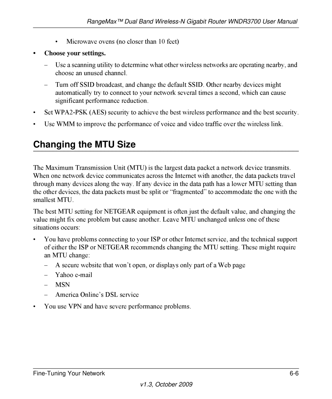 NETGEAR WNDR3700-100NAS user manual Changing the MTU Size, Choose your settings 