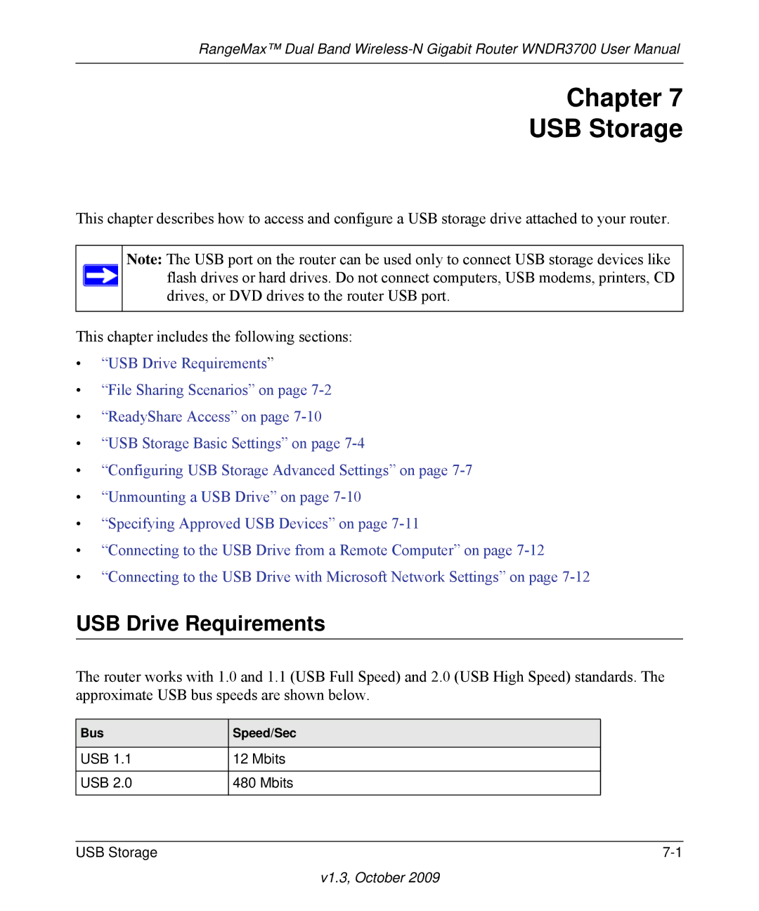 NETGEAR WNDR3700-100NAS user manual Chapter USB Storage, USB Drive Requirements, Bus Speed/Sec 