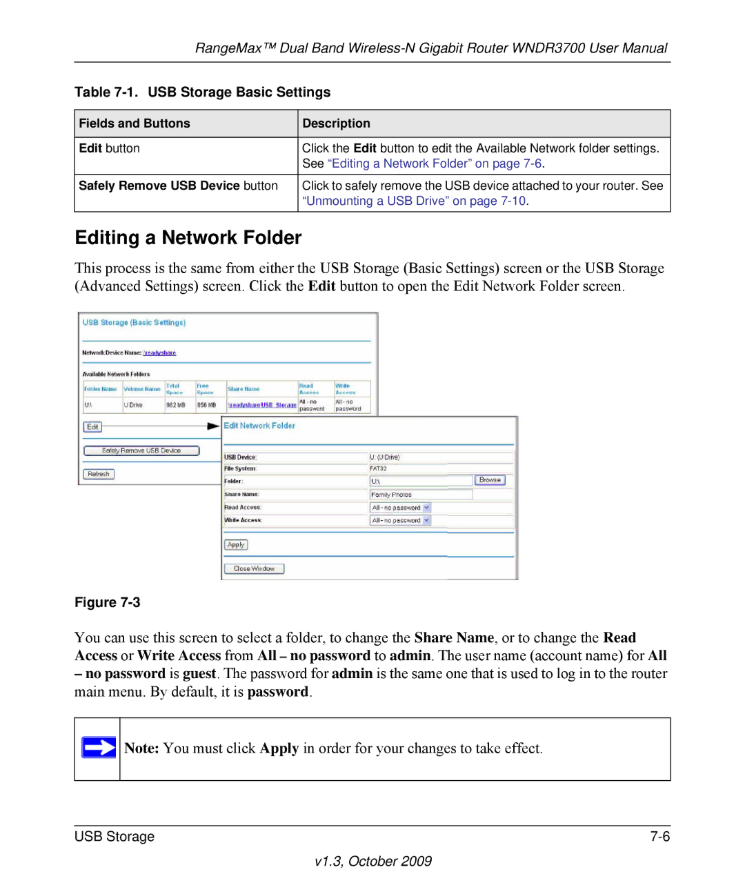 NETGEAR WNDR3700-100NAS user manual Editing a Network Folder, Safely Remove USB Device button 