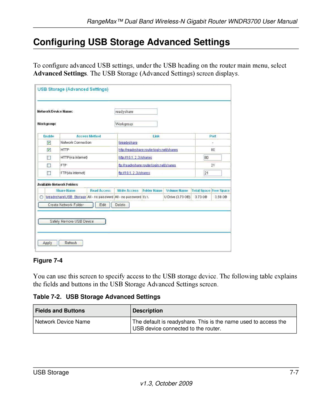 NETGEAR WNDR3700-100NAS user manual Configuring USB Storage Advanced Settings 