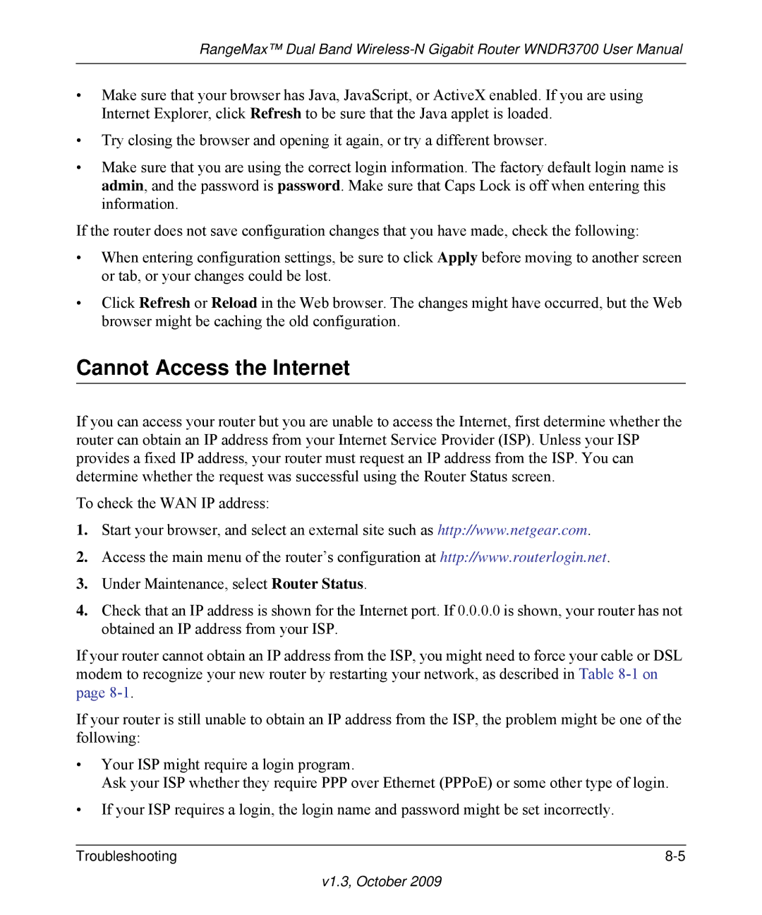 NETGEAR WNDR3700-100NAS user manual Cannot Access the Internet 