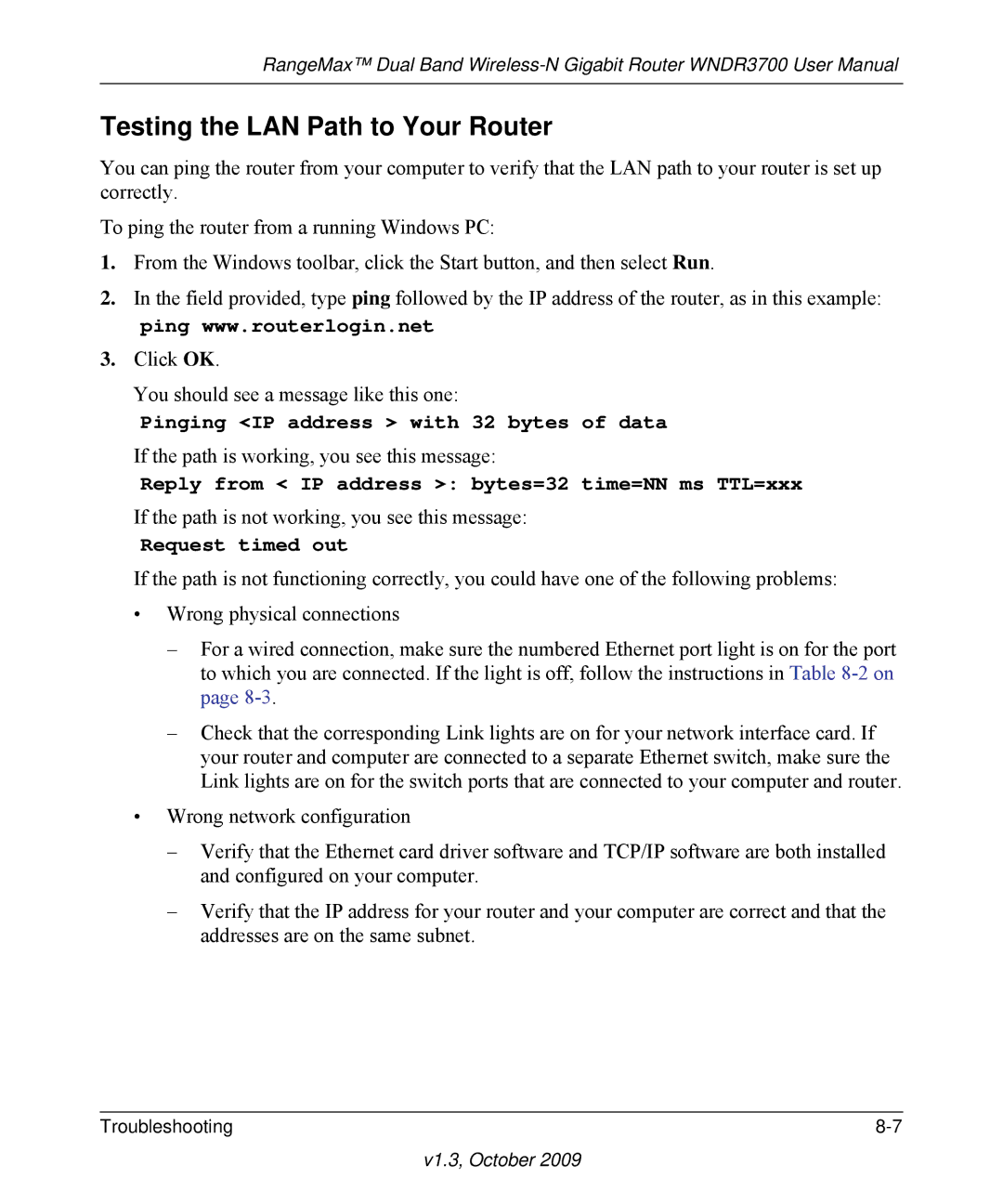 NETGEAR WNDR3700-100NAS user manual Testing the LAN Path to Your Router, Request timed out 