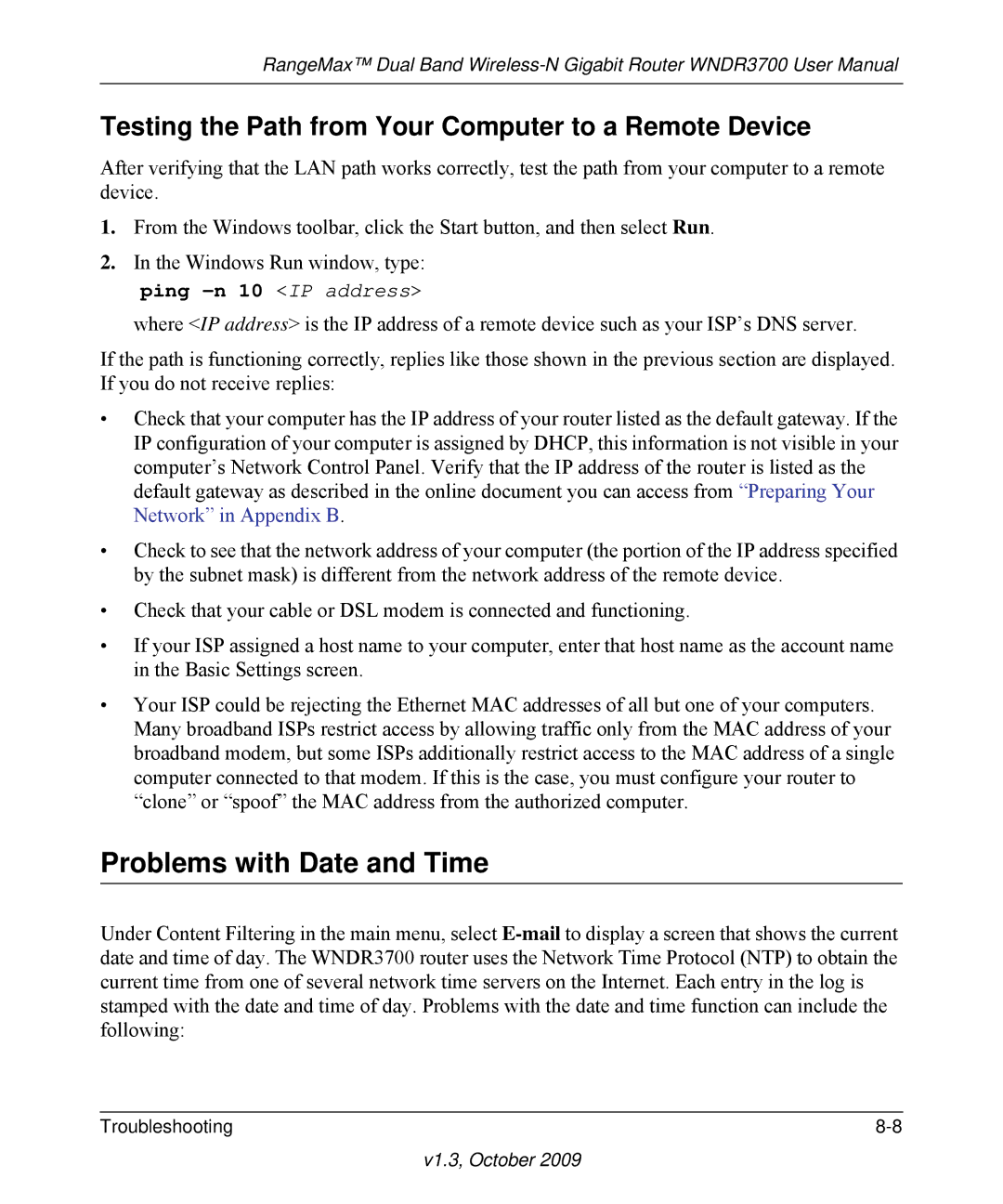 NETGEAR WNDR3700-100NAS user manual Problems with Date and Time, Testing the Path from Your Computer to a Remote Device 