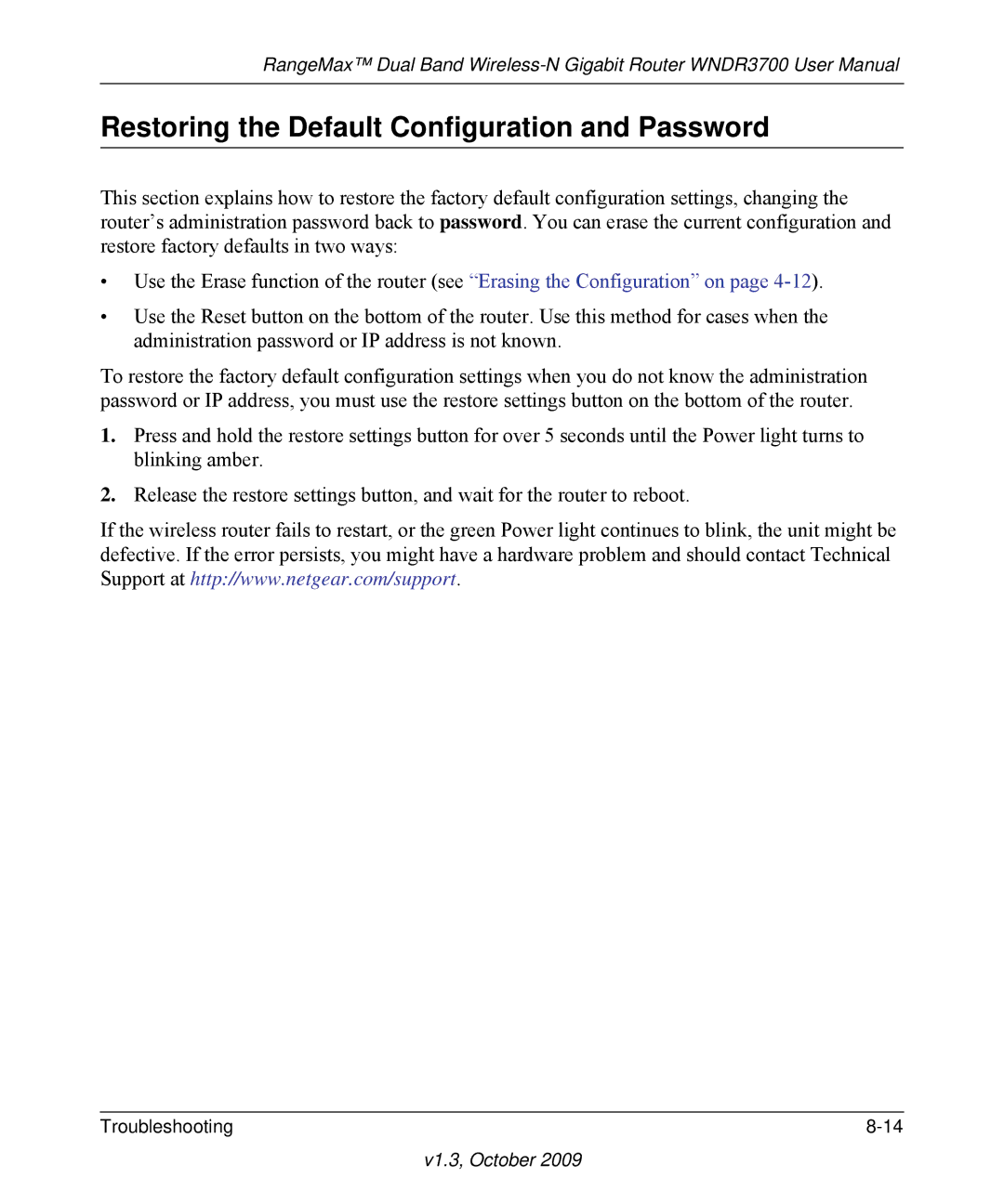 NETGEAR WNDR3700-100NAS user manual Restoring the Default Configuration and Password 