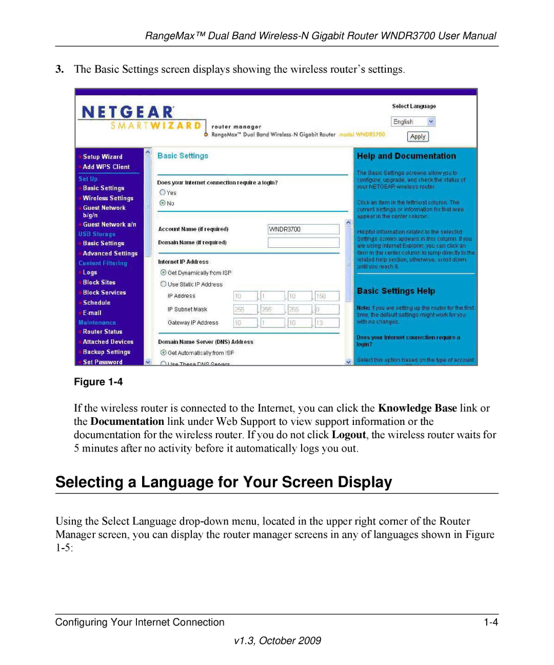 NETGEAR WNDR3700-100NAS user manual Selecting a Language for Your Screen Display 