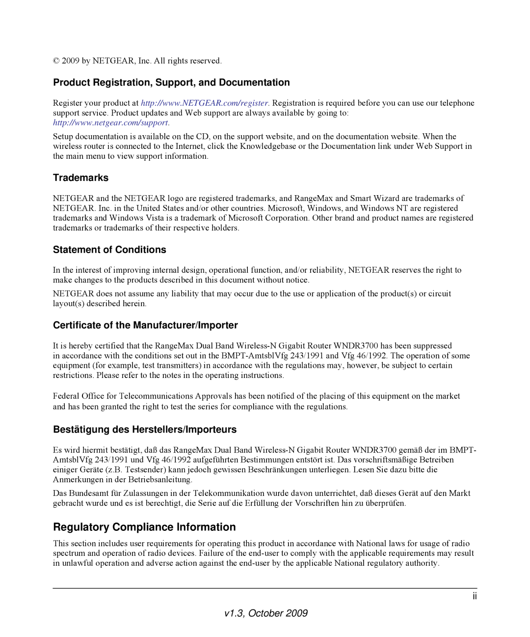 NETGEAR WNDR3700-100NAS user manual Regulatory Compliance Information 