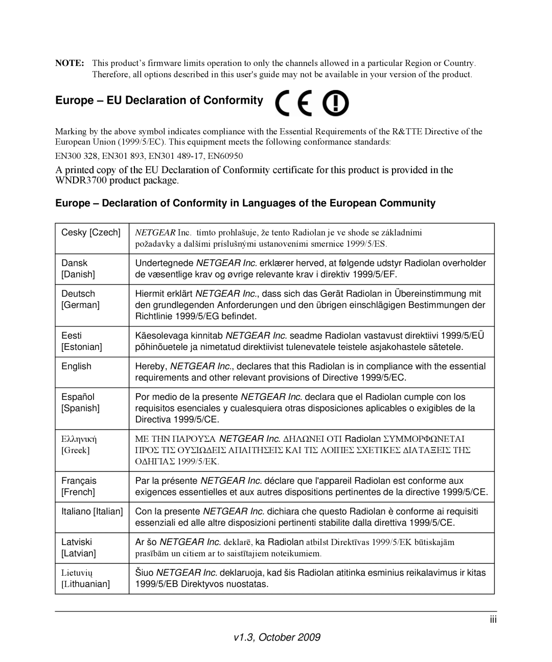 NETGEAR WNDR3700-100NAS user manual Europe EU Declaration of Conformity, Cesky Czech 