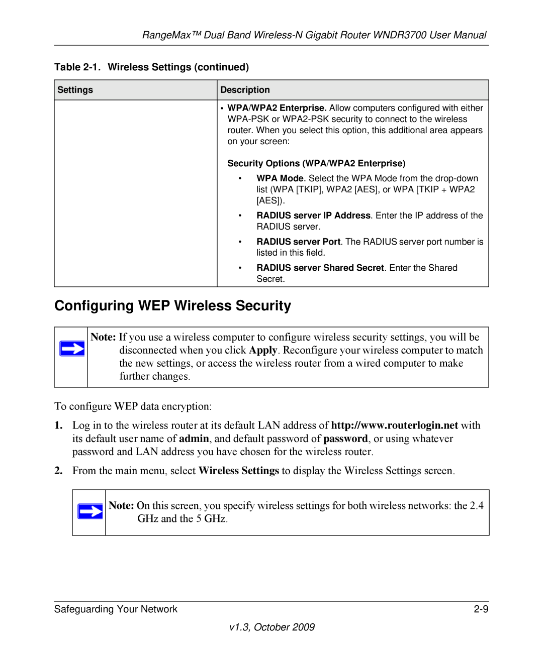 NETGEAR WNDR3700-100NAS user manual Configuring WEP Wireless Security, Security Options WPA/WPA2 Enterprise 