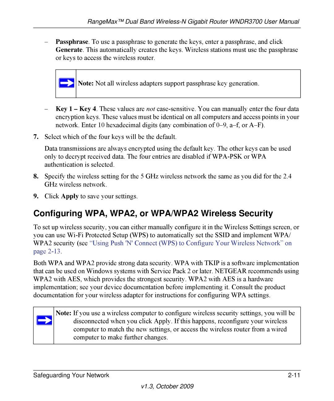 NETGEAR WNDR3700-100NAS user manual Configuring WPA, WPA2, or WPA/WPA2 Wireless Security 