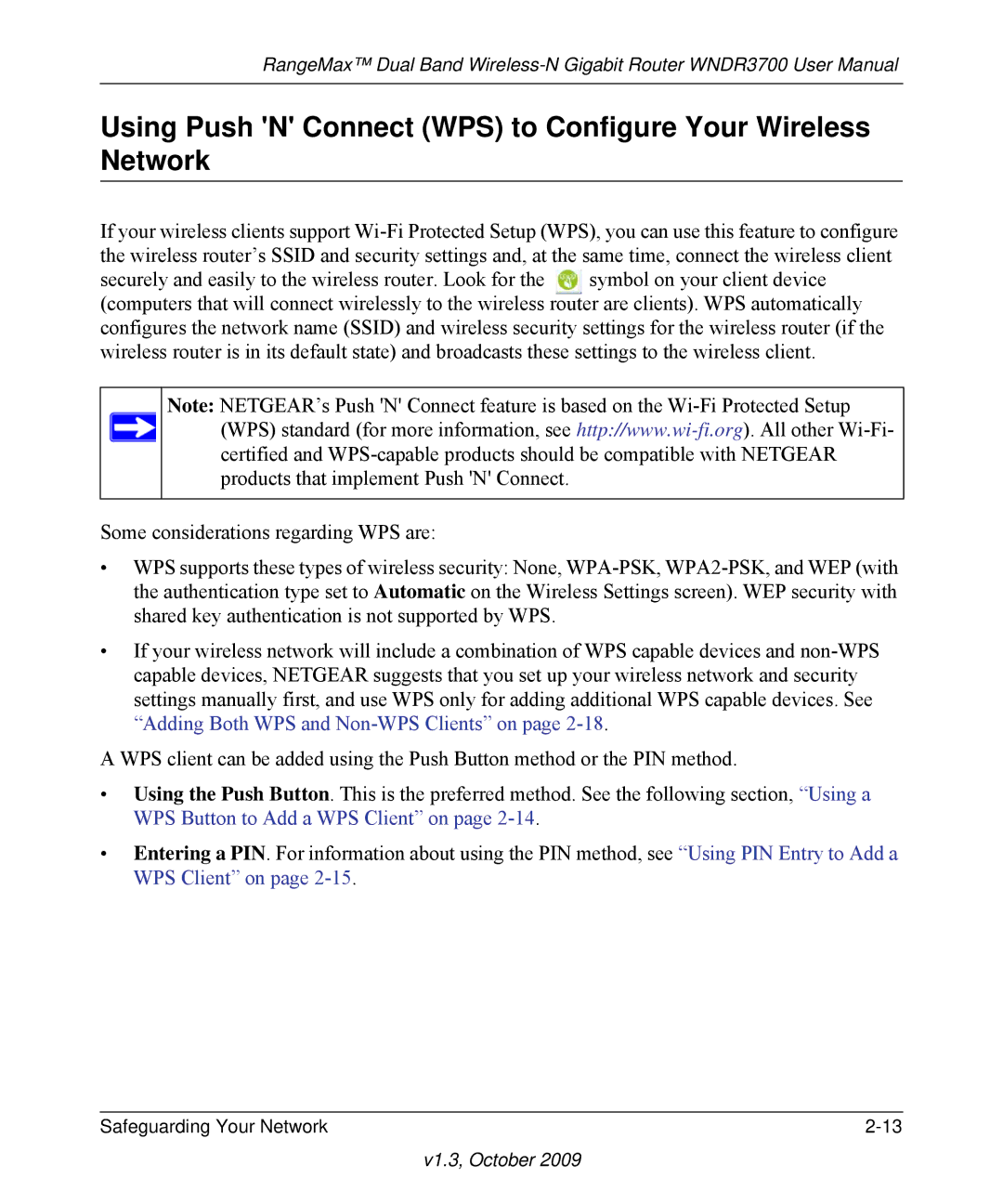 NETGEAR WNDR3700-100NAS user manual Using Push N Connect WPS to Configure Your Wireless Network 