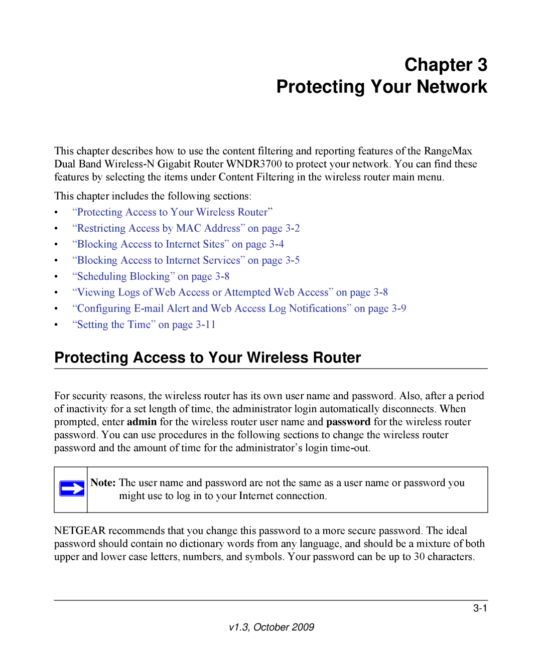 NETGEAR WNDR3700-100NAS user manual Chapter Protecting Your Network, Protecting Access to Your Wireless Router 