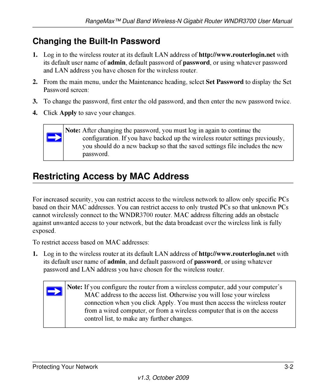 NETGEAR WNDR3700-100NAS user manual Restricting Access by MAC Address, Changing the Built-In Password 