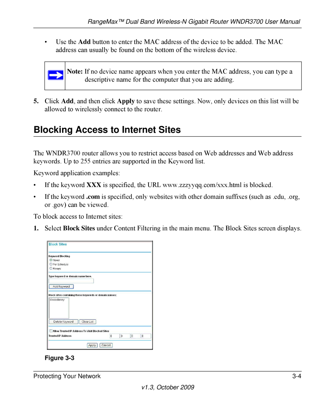 NETGEAR WNDR3700-100NAS user manual Blocking Access to Internet Sites 