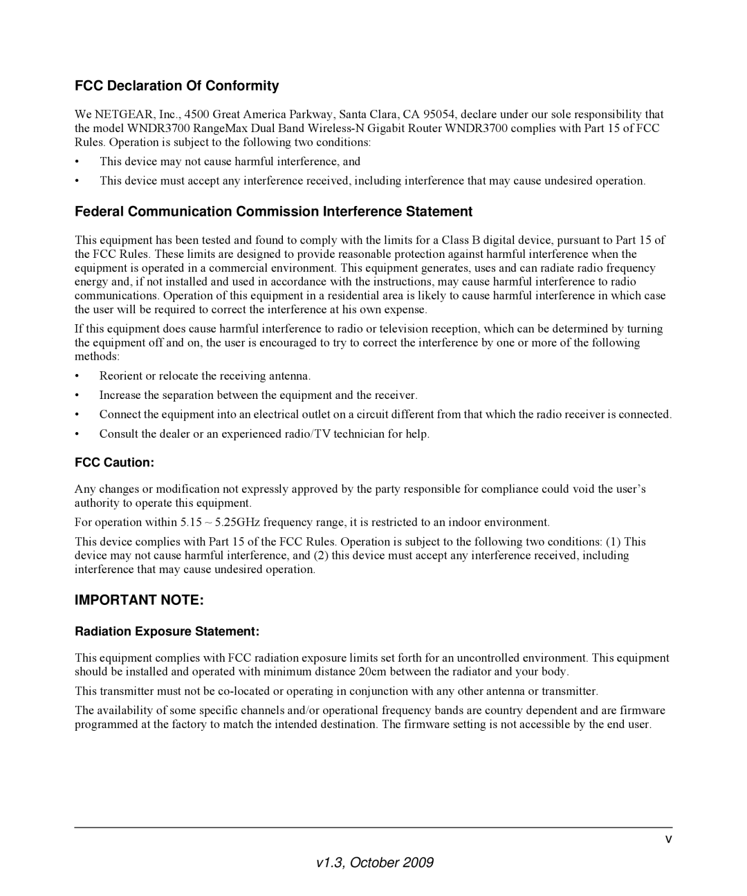 NETGEAR WNDR3700-100NAS user manual FCC Declaration Of Conformity, Federal Communication Commission Interference Statement 