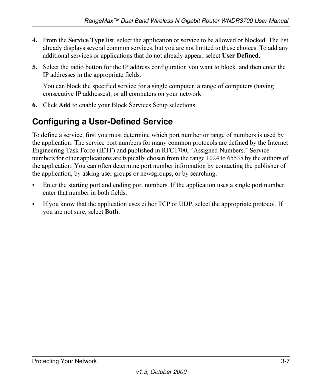 NETGEAR WNDR3700-100NAS user manual Configuring a User-Defined Service 