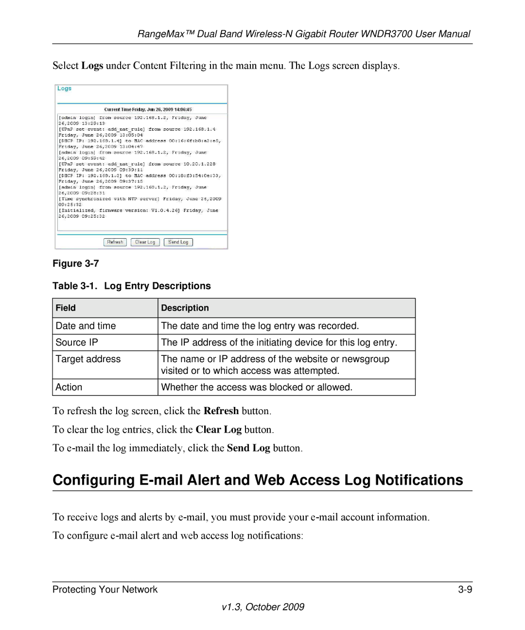 NETGEAR WNDR3700-100NAS user manual Configuring E-mail Alert and Web Access Log Notifications, Log Entry Descriptions 