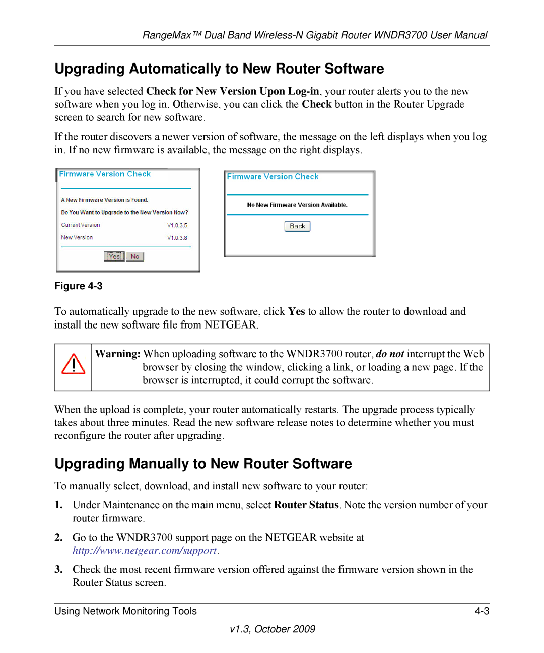 NETGEAR WNDR3700-100NAS Upgrading Automatically to New Router Software, Upgrading Manually to New Router Software 