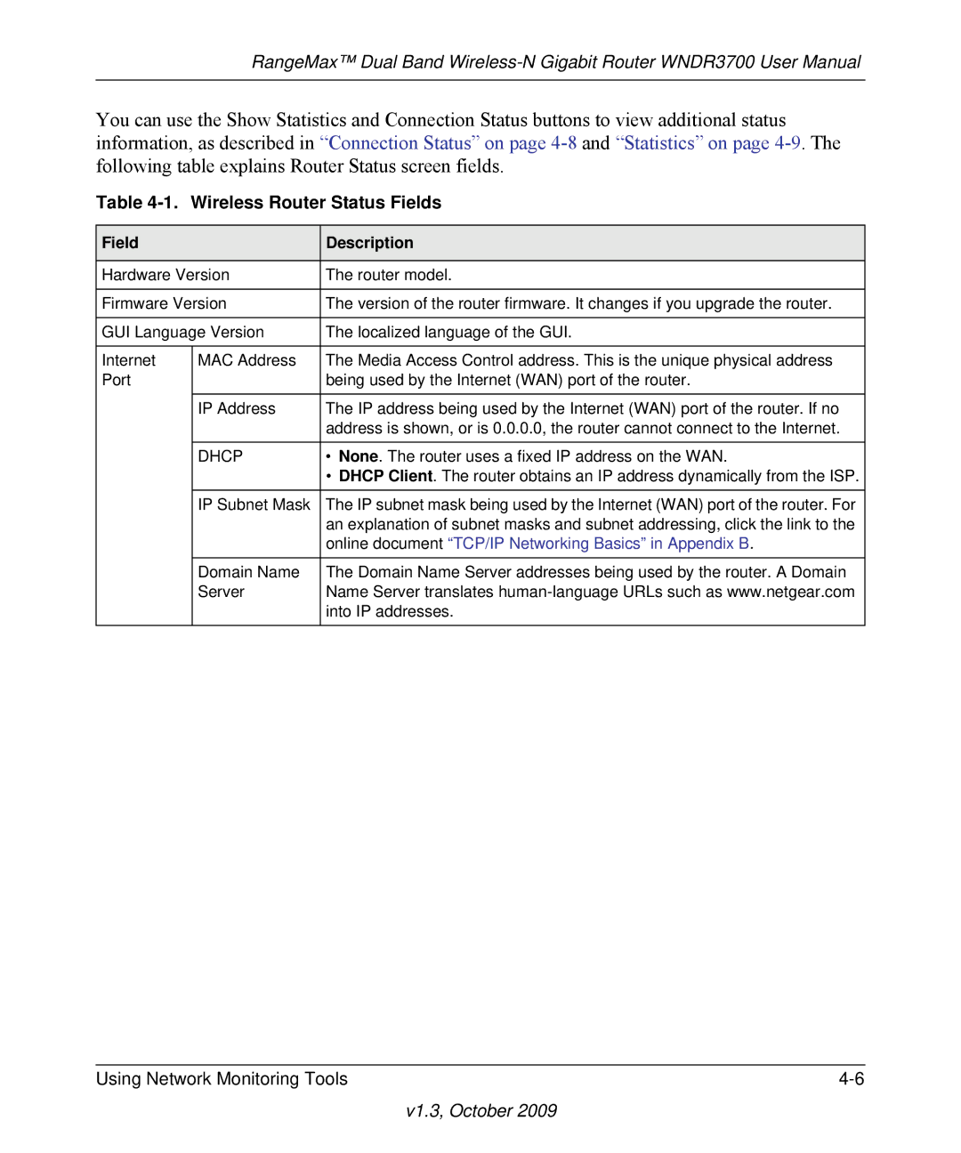 NETGEAR WNDR3700-100NAS user manual Wireless Router Status Fields, Dhcp 