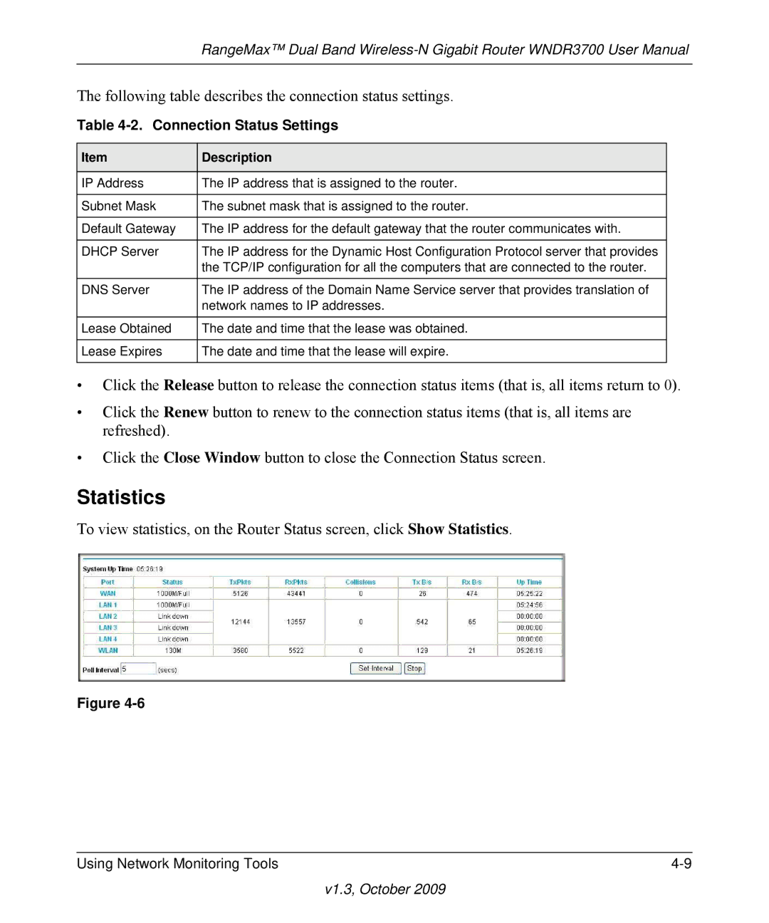 NETGEAR WNDR3700-100NAS user manual Statistics, Connection Status Settings 